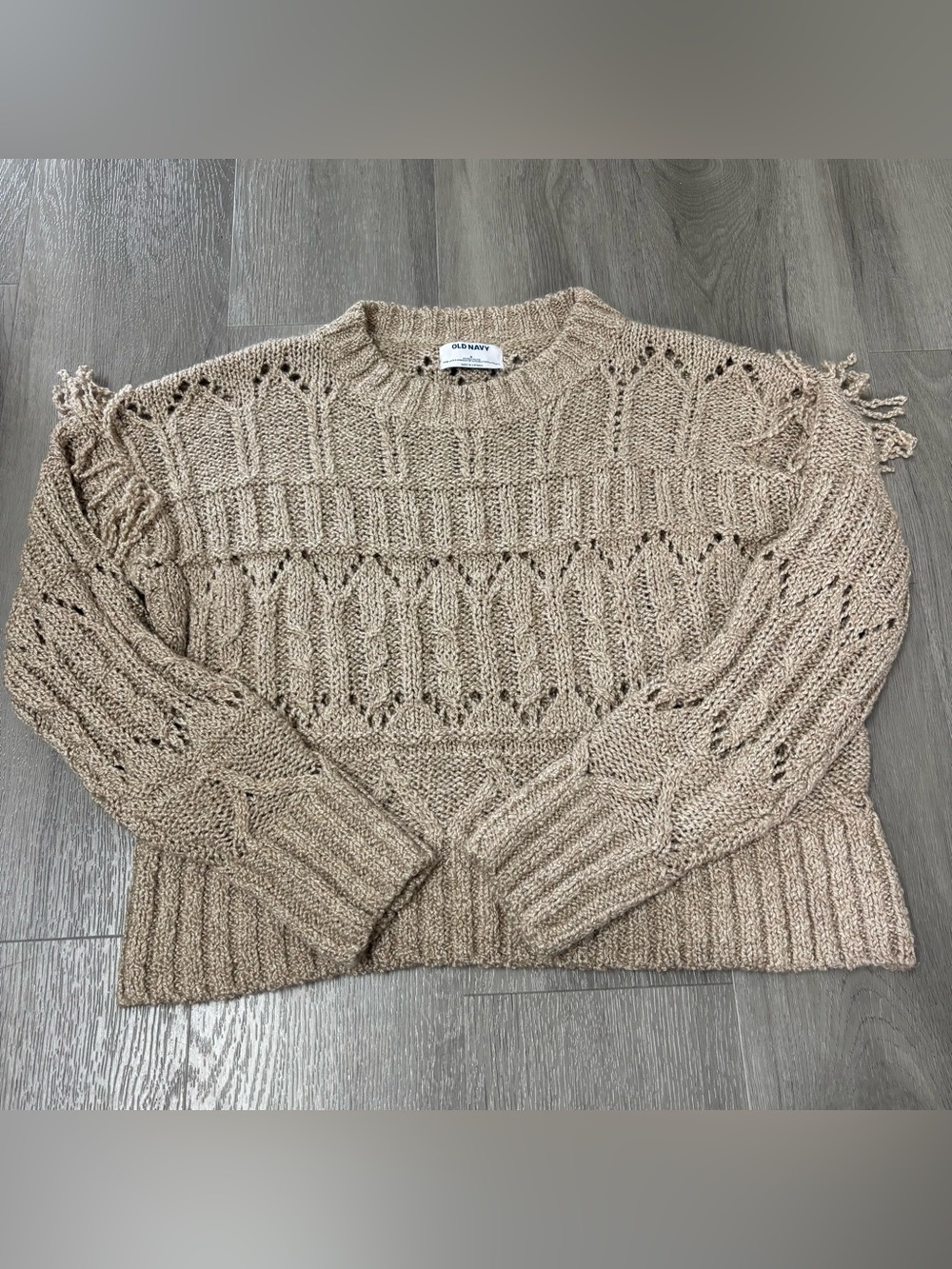 Old Navy Cable Knit Boho Pullover Sweater Brown Fringe Arms Women’s Size Small
